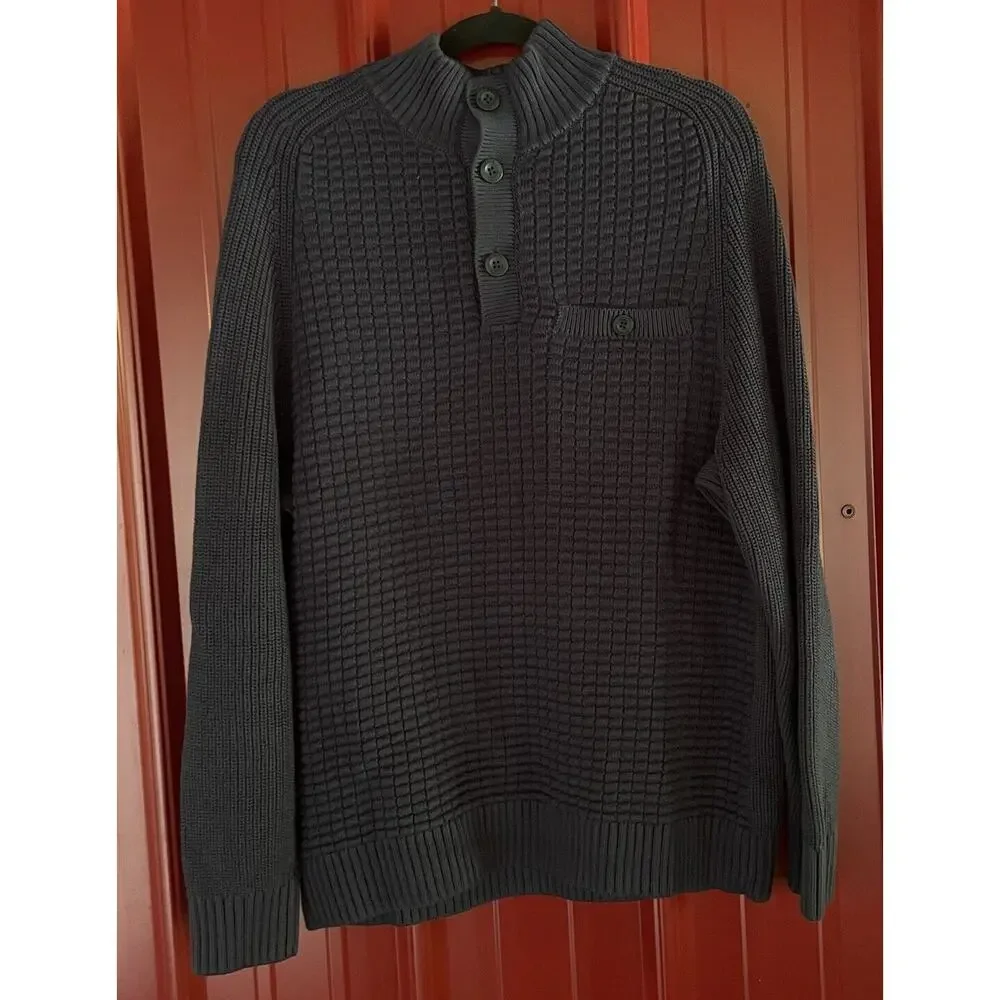 Duluth Trading Sweater Button Mock‎ Neck Textured Heavyweight Pullover Large